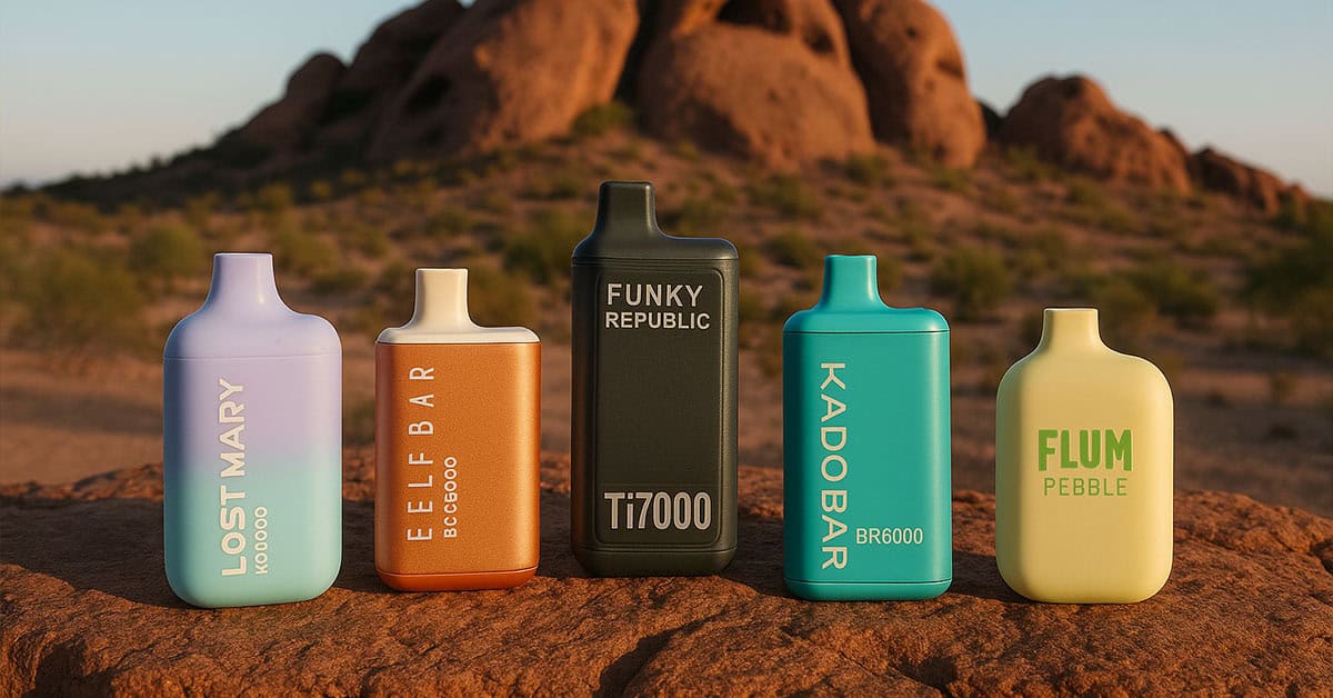 Disposable vapes on a rock with Papago Park trailheads in the background near It’s All Goodz McDowell