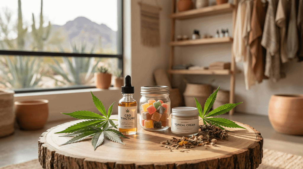 High-quality CBD products including tincture, gummies, and topical cream on a wood surface with hemp leaves in Phoenix, Arizona