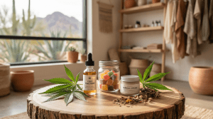 High-quality CBD products including tincture, gummies, and topical cream on a wood surface with hemp leaves in Phoenix, Arizona