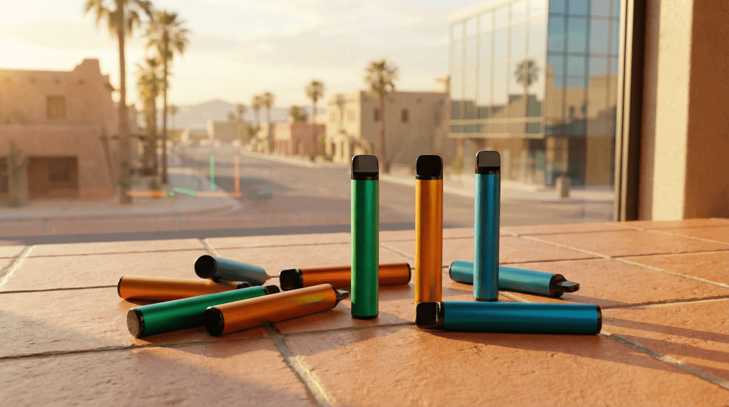 Colorful disposable vape devices on desert-toned surface with Phoenix neighborhood background for It's All Goodz