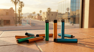 Colorful disposable vape devices on desert-toned surface with Phoenix neighborhood background for It's All Goodz