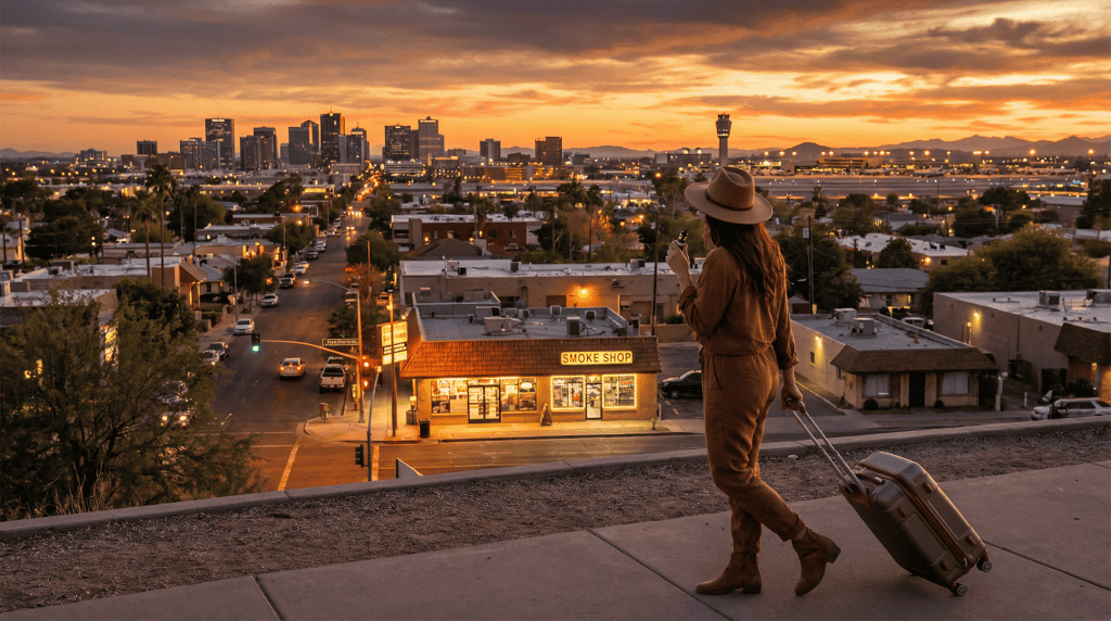 Traveler with vape device and suitcase near It's All Goodz smoke shop with Phoenix skyline and Sky Harbor Airport at sunset