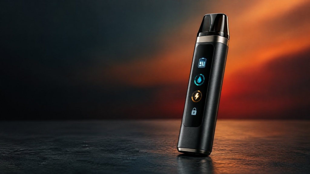 Modern disposable vape display showing battery, e-liquid, boost mode, and warning symbols