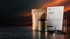 Kratom package beside a certificate of analysis, batch number, and laboratory checklist