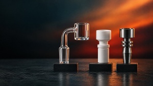Quartz banger, white ceramic nail, and titanium dab nail arranged for a material comparison
